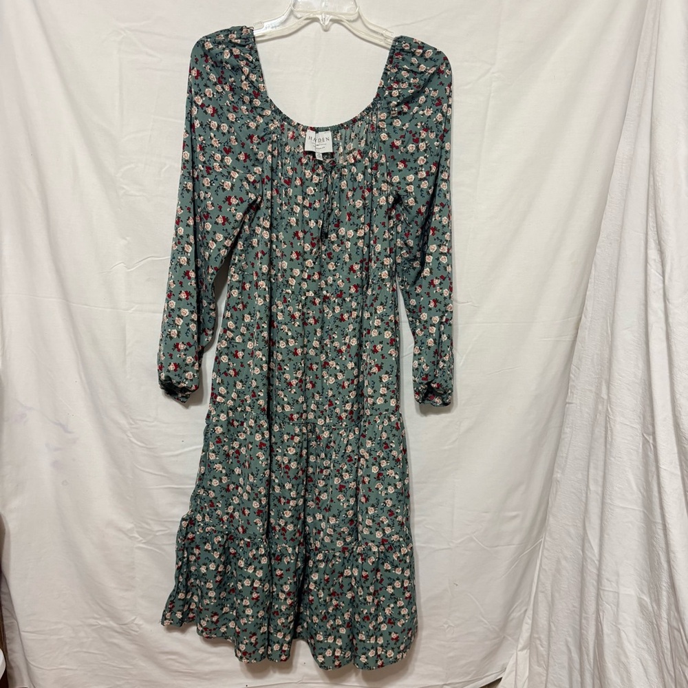 Hayden long sleeve floral dress in green and white delicate pattern, ruffled hem